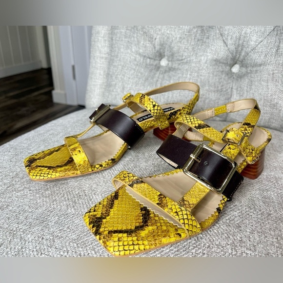 Karl Lagerfeld Yellow Leather Shoes Snakeskin Sandals Heels Size 7.5 - Picture 1 of 4